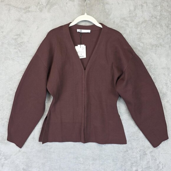 Zara Cardigan Sweater Womens Medium Brown Knit Hook & Eye V-Neck Viscose Blend - Picture 1 of 12